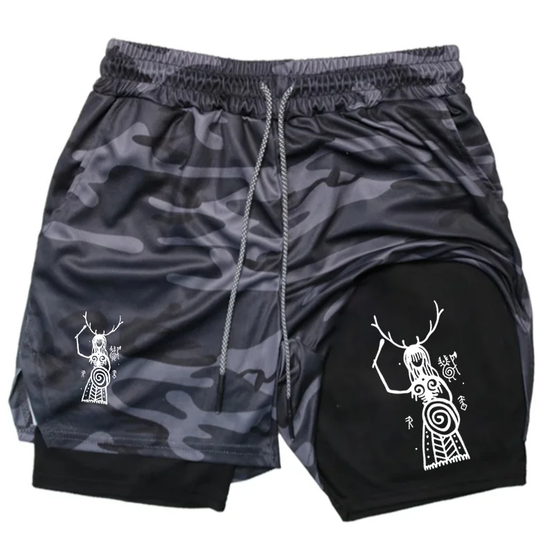 Primitive Mural Print 2 in 1 Running Shorts for Men Gym Workout Compression Shorts with Phone Pocket Towel Loop Summer Sport