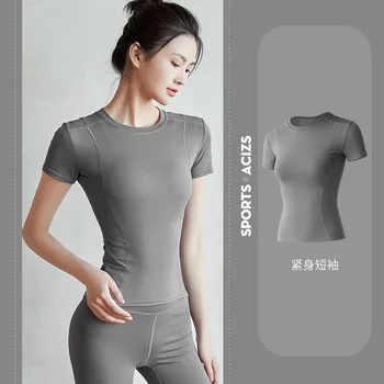 Fitness Sports T-shirt Women Solid Color V Neck Short Sleeve Moisture Wicking Athletic Shirts Top Ladies Sport Activewear Top 1