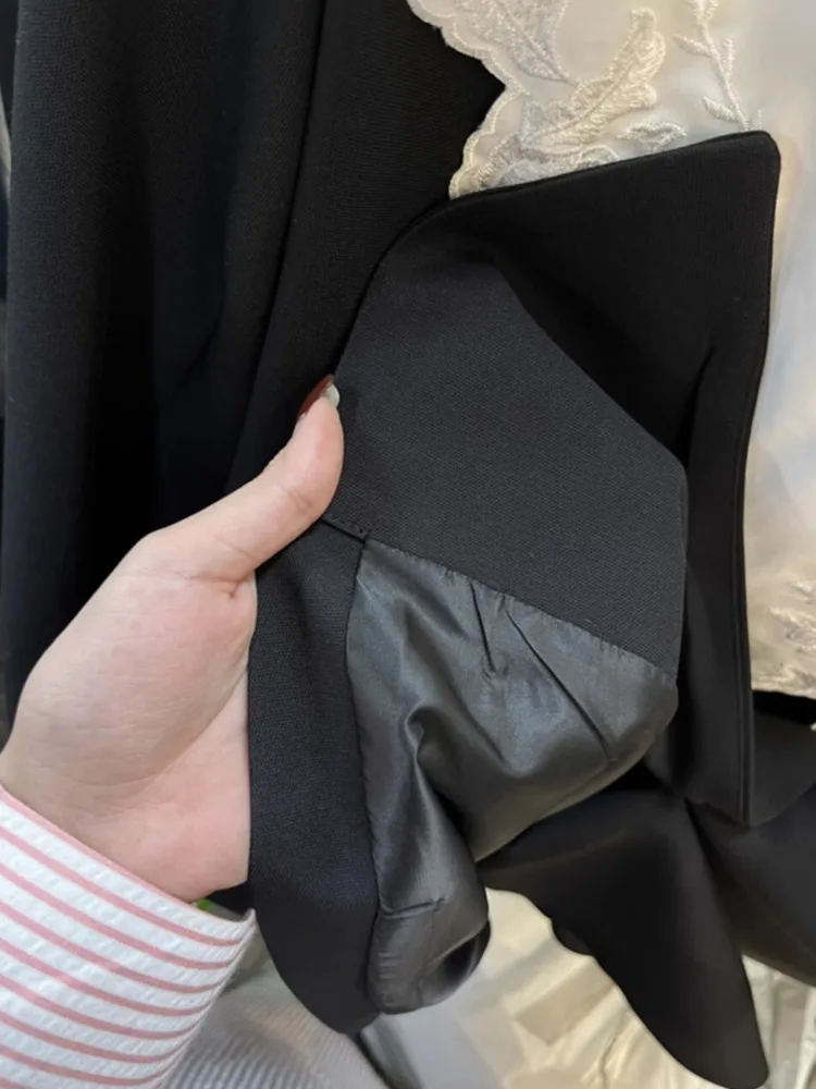 [LANMREM] Lace Spliced Mid-length Blazers For Women Double Breasted Long Sleeve Office Lady Jackets 2024 Spring New 26D8895