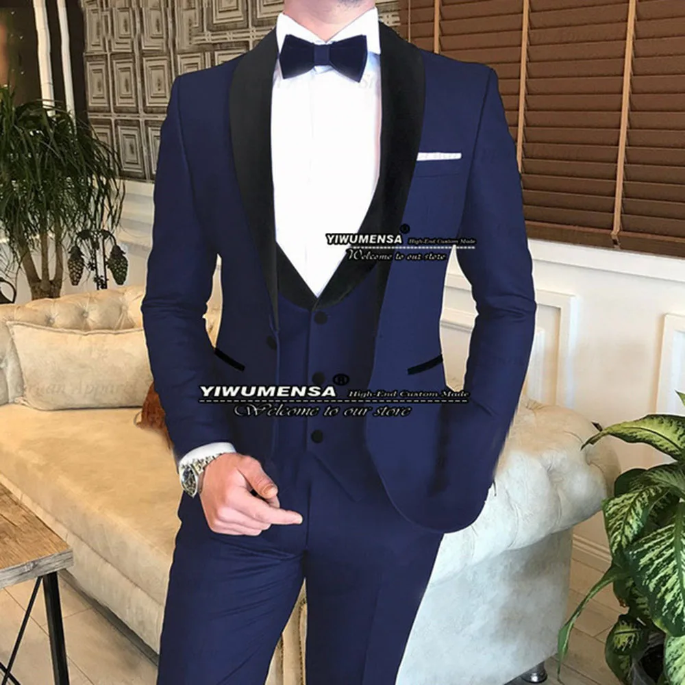 

Navy Suit Men Slim Fit 3 Pieces Groom Wear Wedding Tuxedo Tailor-Made Black Laepl Coat+Vest+Pants Trajes Hombre Elegantes Blazer