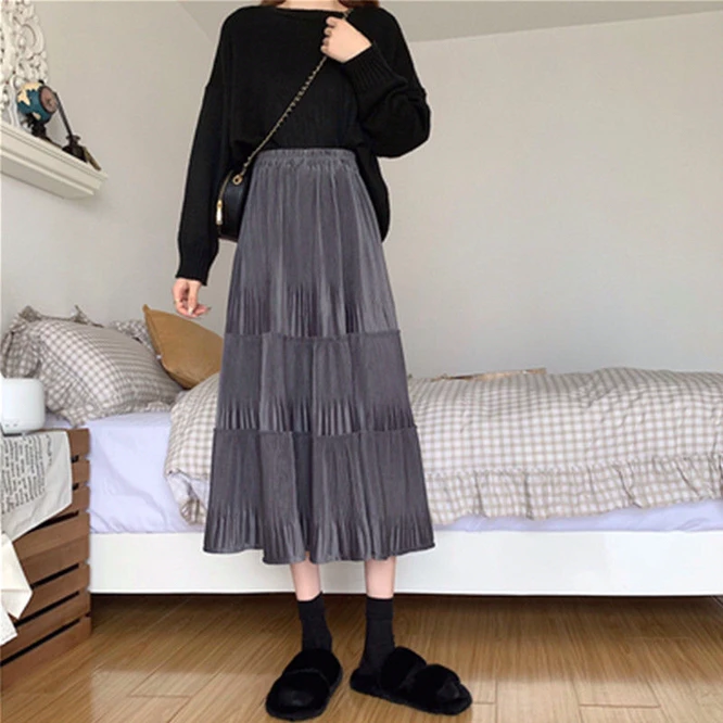 Autumn  Winter 2021 Woman Half Length Golden Velvet Cake Skirt Pleated High Waist Slim Casual Girl A-line Skirt Black crop top and skirt Skirts