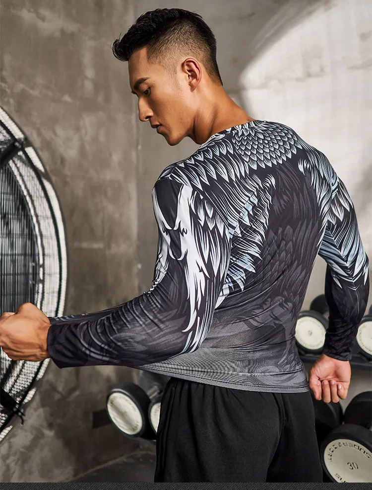 Zrce gym sport t shirt männer schnell trocken laufendes hemd männer feder muster oberteile kompression langarm t-shirt eng rashgard – Detail 10