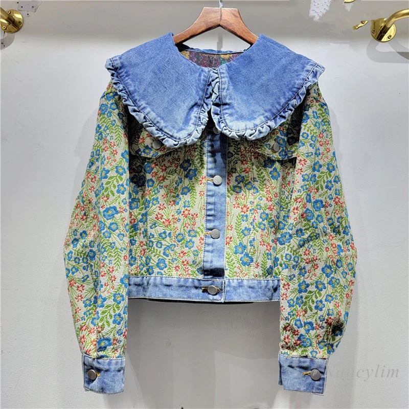 

2024 Spring and Autumn New High-Grade Flower Print Denim Jacket for Women New Classic Style Big Lapel Short Coat