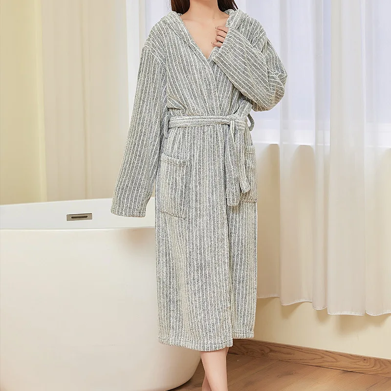 Autumn Winter Thick Warm Coral Fleece Couple Loungewear Nightgown Men And Women Hooded Kimono Robe Fleece Sleepwear Bathrobe