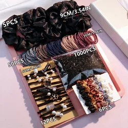 Luxurious Dark Hair Accessories Collection - Seamless Ponytail Holders & Elegant Hair Scrunchies Set (1072PCS Set 3)