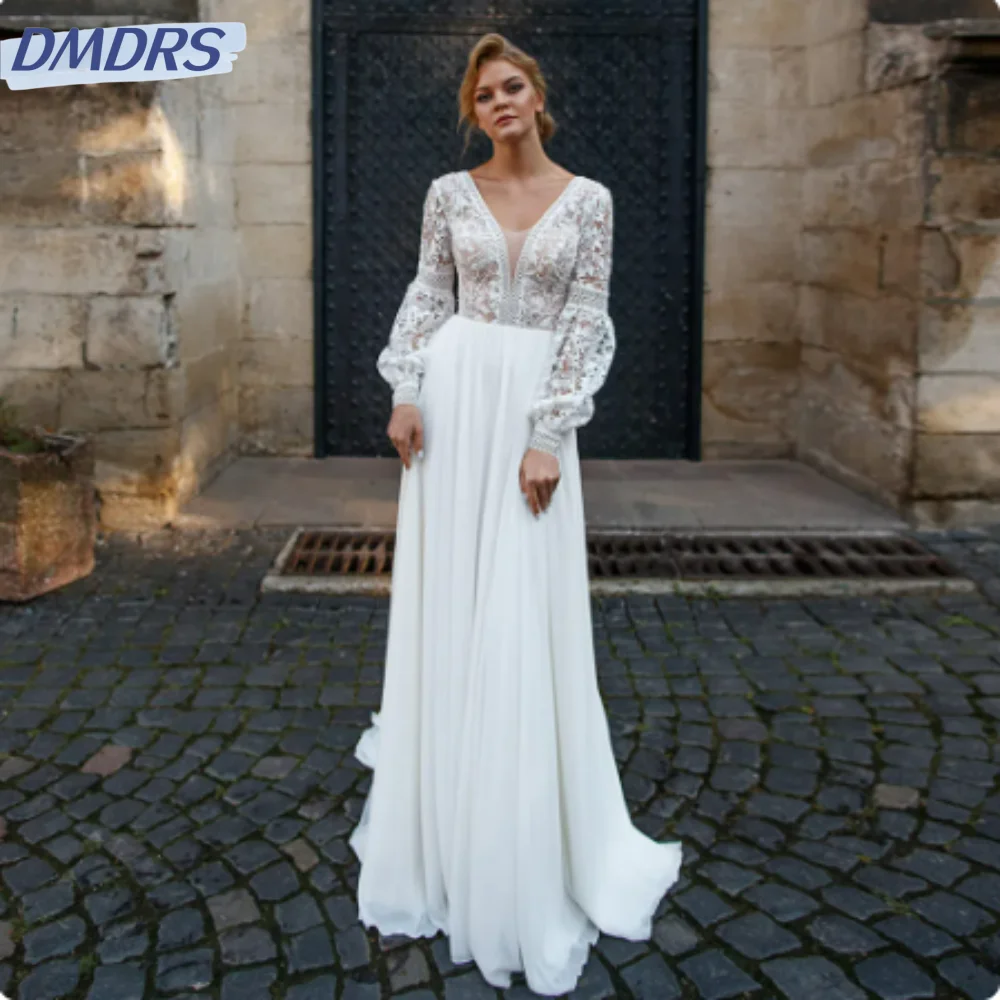 

Sexy V-neck Backless Dress For Bride Classic Lace Appliques Bridal Gown Elegant A-line Chiffon Long Wedding Dress Robe De Mariée