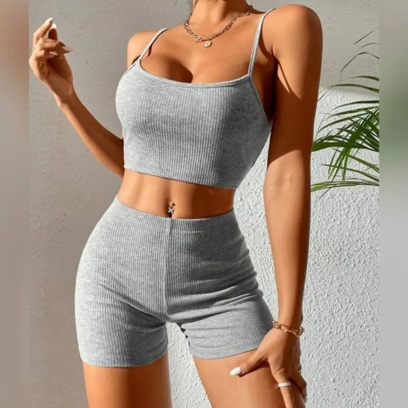 

2023 Women Tracksuit Crop Tops+Elastic Bike Shorts Sporty Matching Suits Casual Female OutfitSolid Asymmetrical Two Piece Sets