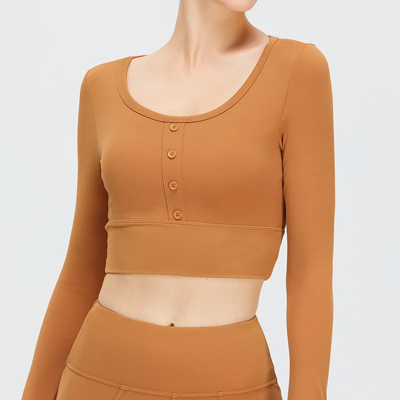 

Button Short Long Sleeve Yoga Crop Tops Lightweight Slim Fit Workout Shirts for Women Gym Women Clothing Fitness