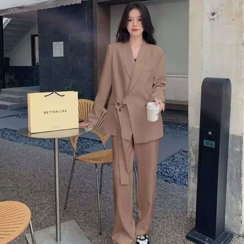 

DAYIFUN Women Suits Pockets Coat and Wide Leg Pants 2-piece Sets New 2023 Spring Autumn Fashion Elegance Office Lady Blazer Sets