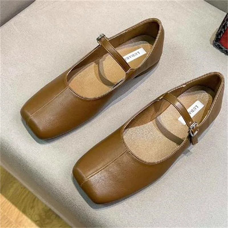 

Belts Buckle Shoes for Ladies Square Toes Women Sewing Lines Zapatos Mujer Low Heels Shallow Chassure Femme Front Strap Ballets