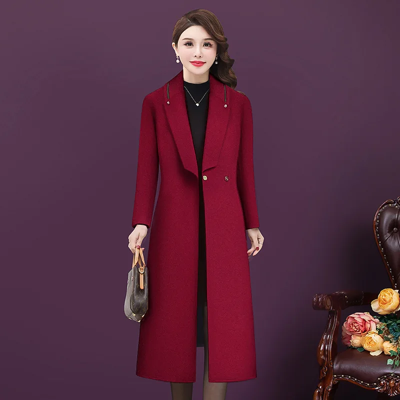 

Зимнее женское длинное шерстяное пальто, новое Однотонное шерстяное пальто с воротником-костюмом, высококачественное элегантное приталенное пальто для мамы