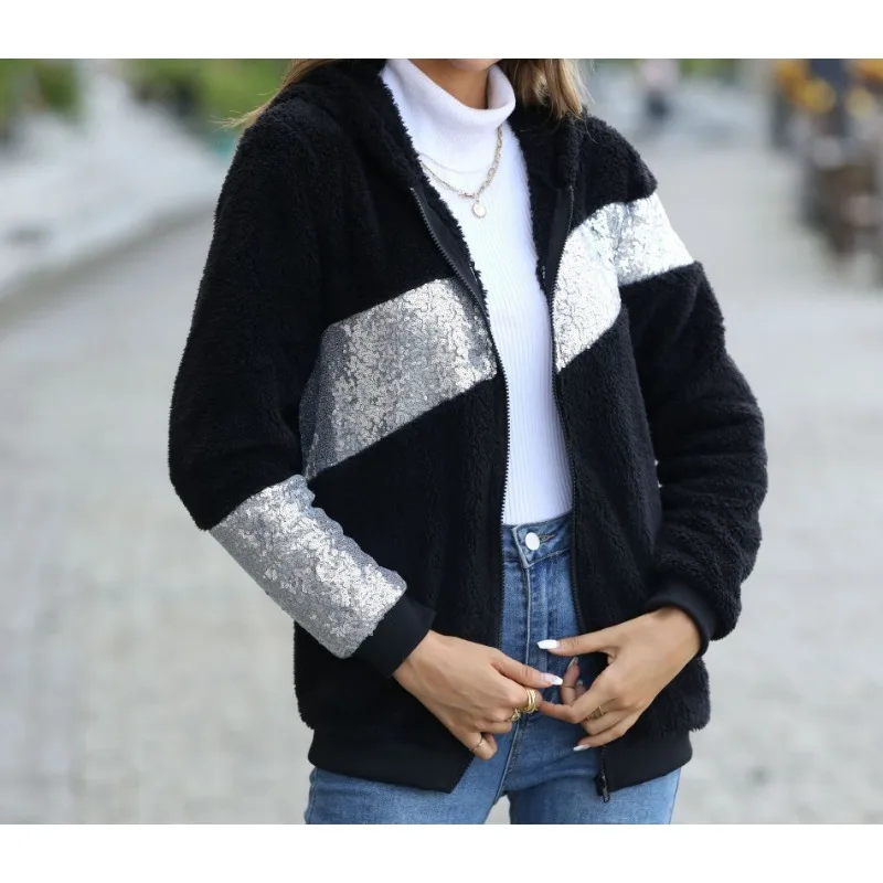 New Women's Casual Hooded Long Sleeved Sequin Patchwork Jacket