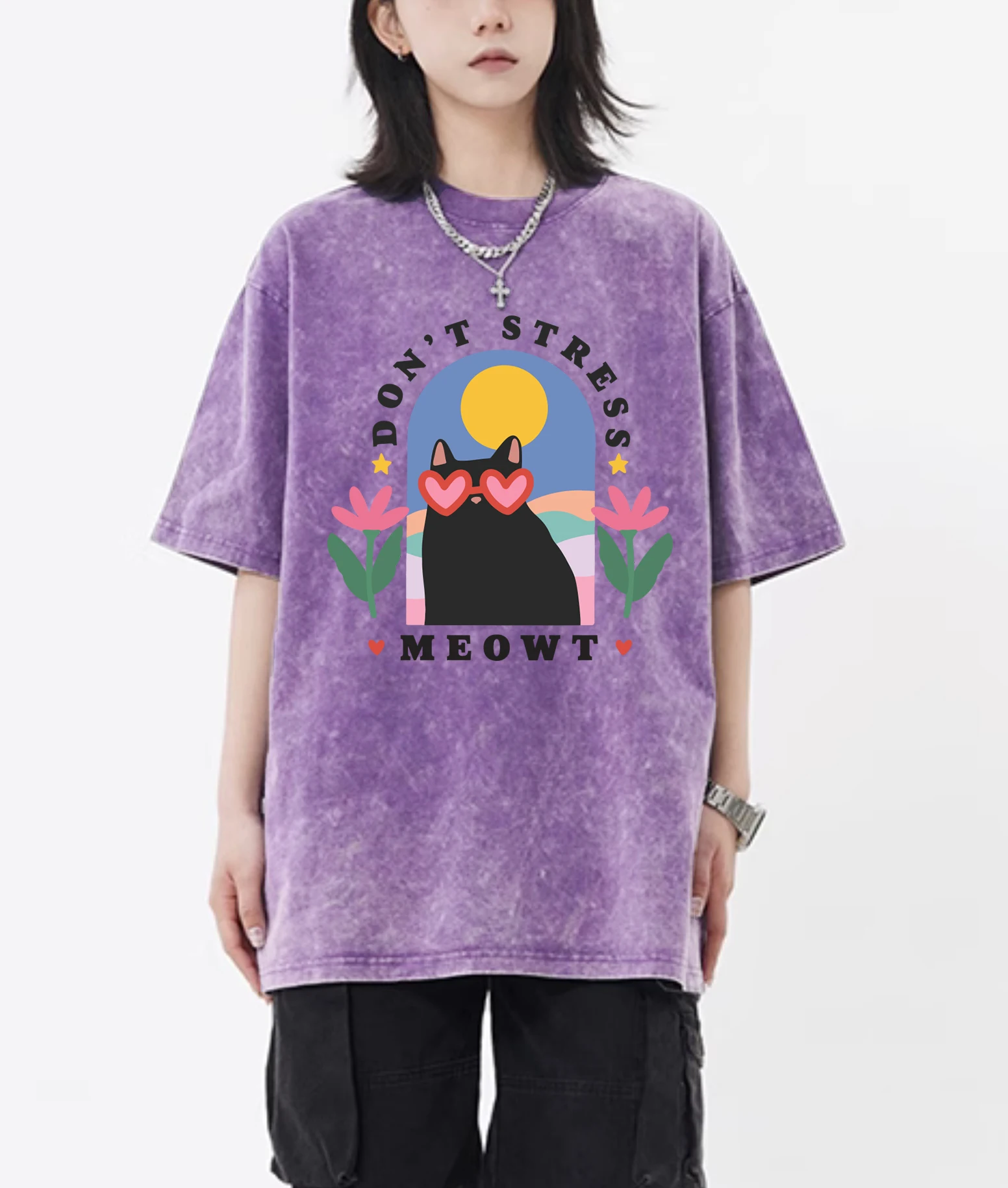 Stress nicht Miowt Cartoon Druck Retro T-Shirt weibliche trend ige Baumwolle T-Shirts Unisex gewaschen Kurzarm Sommer Hip Hop Top – Detail 8