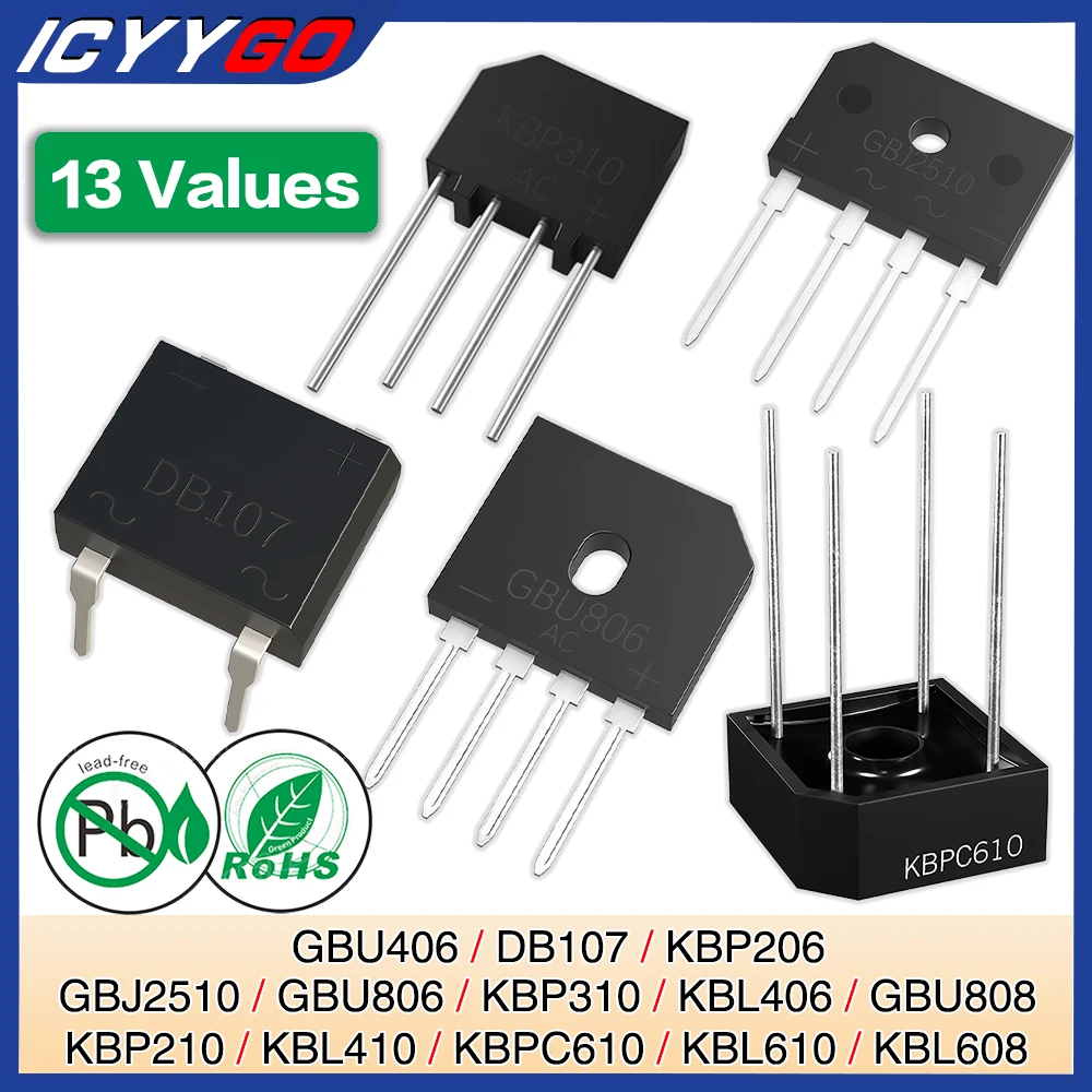 Kbl406 Kbl410 Kbl608 Kbl610 Gbu406 Gbu806 Gbu808 Kbp206 Kbp210 Kbp310 Gbj2510 Db107 Kbpc610 Raddrizzatore A Ponte A Diodi 800V 1000V