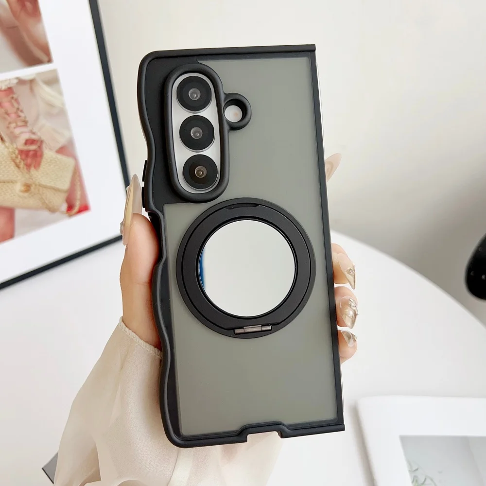 360° Rotating Mirror Stand Magnetic Case with 3D Wave Border and Shockproof Bumper