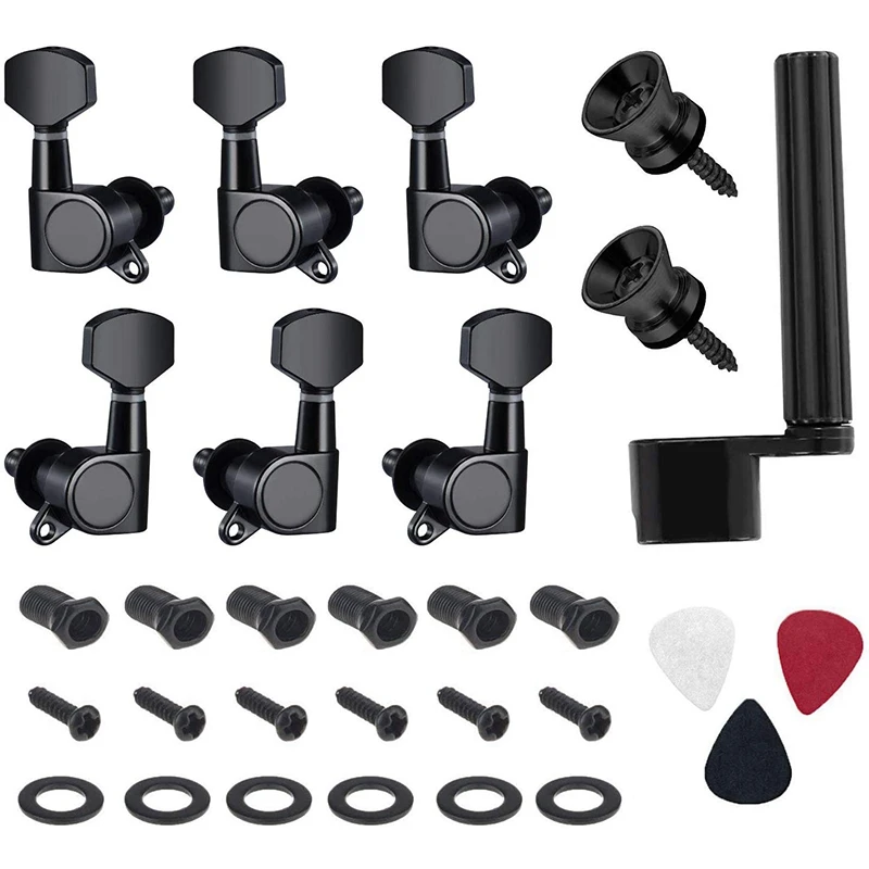 

6 Pieces Tuning Pegs Keys 3 Left 3 Right Guitar Machine Heads Knobs with Strap Button Locks Picks and Winder (Black)