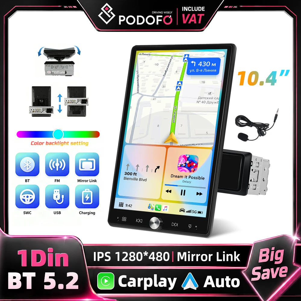 Podofo Radio MP5 para coche de 10,4 pulgadas y 1 Din, estéreo para coche con Carplay inalámbrico y Android Auto, pantalla táctil giratoria manual HD de 1280*480, Mirror Link con cable, radio universal para coche, radio FM/RDS, compatible con entrada de cámara de visión trasera y DVR, reproductor estéreo MP5 para coche 1
