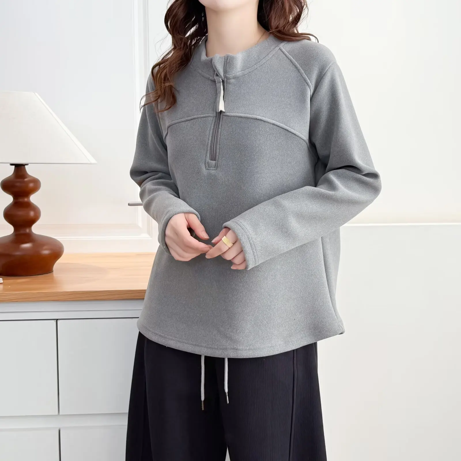 XXXXL Fashion Plus Size Women's T-Shirt New Autumn Winter Thickened And Fleece Stand Collar Zipper Long Sleeved Tops 8239
