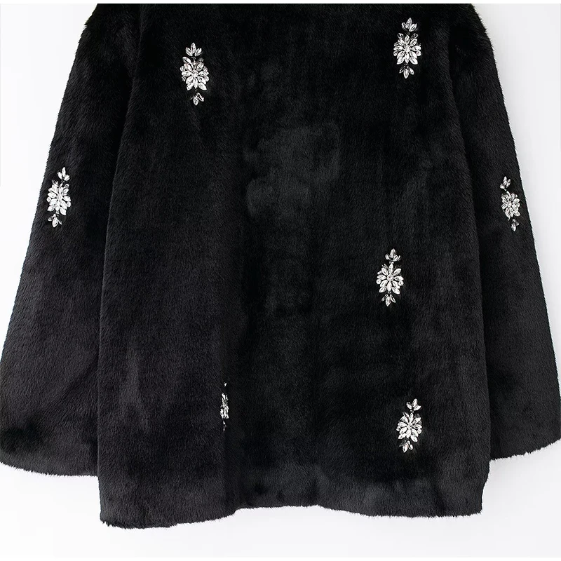 Abrigo de piel con joyería vintage para mujer, chaqueta holgada de manga larga con cuello redondo y felpa negra de invierno, abrigo grueso y cálido elegante para mujer