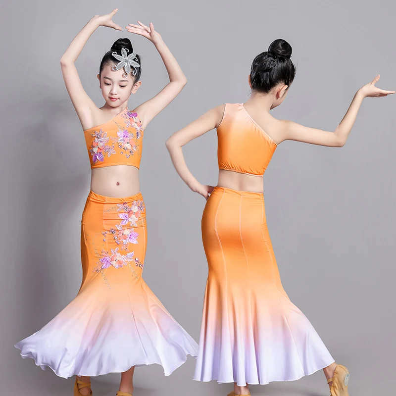 

Children Dai Dance Costume Girl Minority Fishtail Peacock Dance Dress Kids Wrap Hip Classical Folk Hmong Dancewear