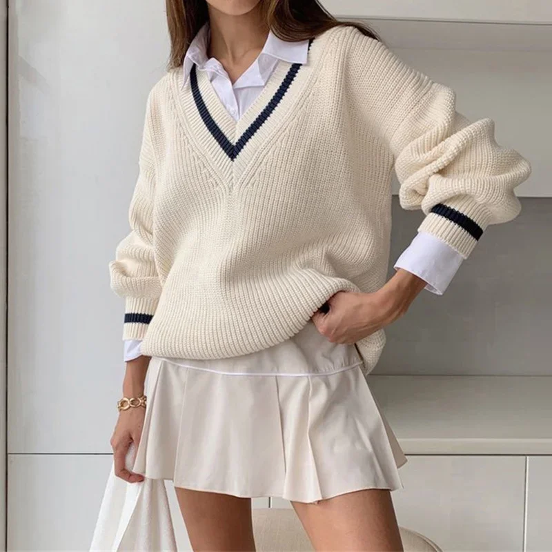 

Autumn White Knitted Thicken Women's Sweater Long Sleeve V-Neck Female Pullovers Warm Solid Preppy Style Casual All-Match Tops