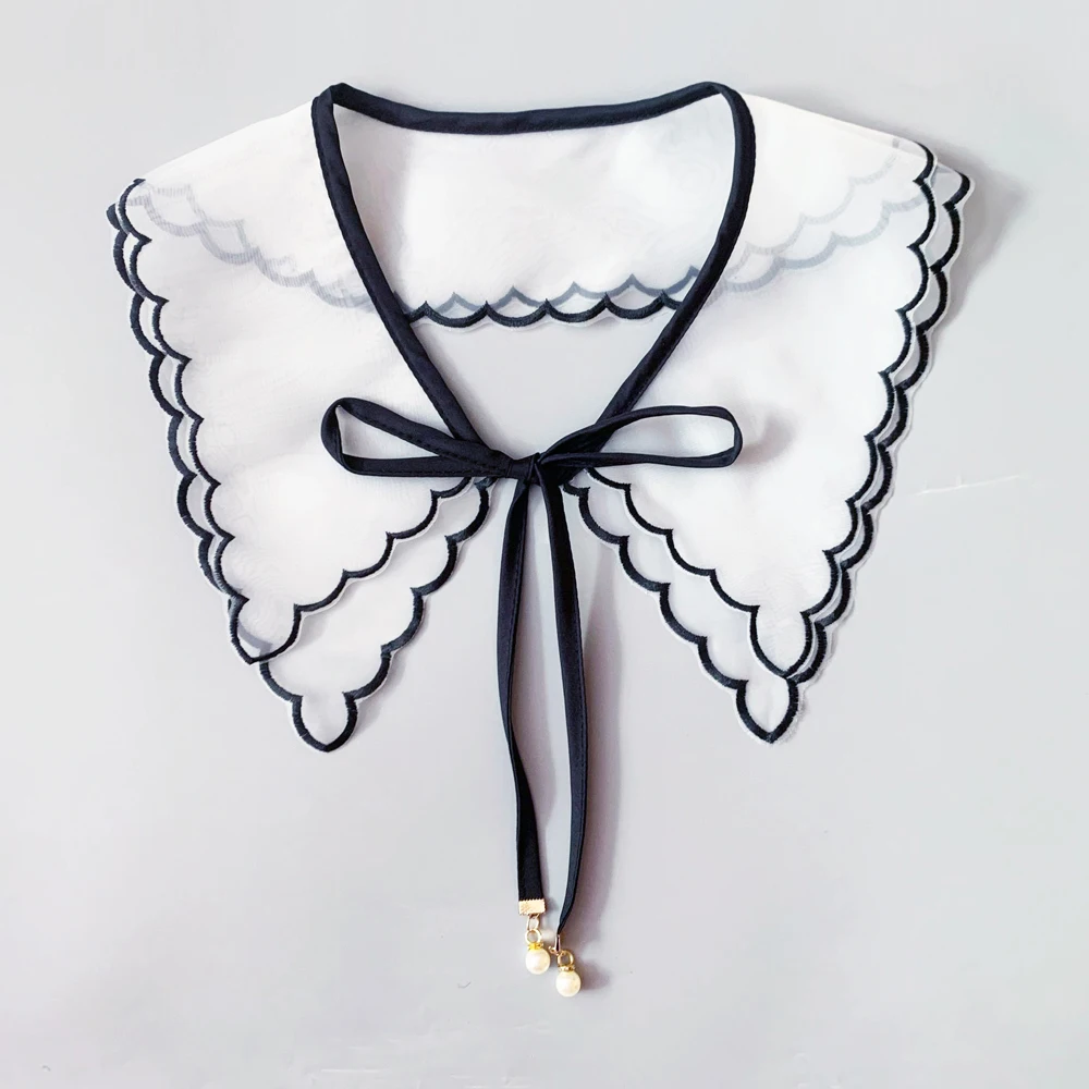 

Fashion Pearl Decoration Chiffon Collar Fake Collar Ladies Blouse Detachable False Lapel Blouse Women Translucent Shawl