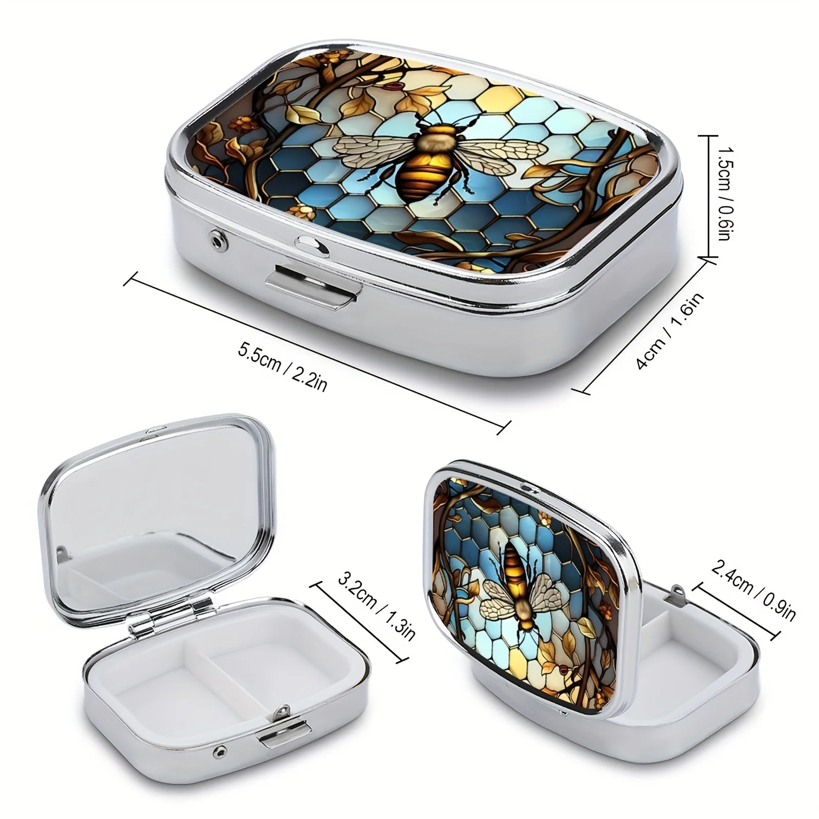 Compact Decorative Metal Pill Organizer - Portable 2-Compartment Case