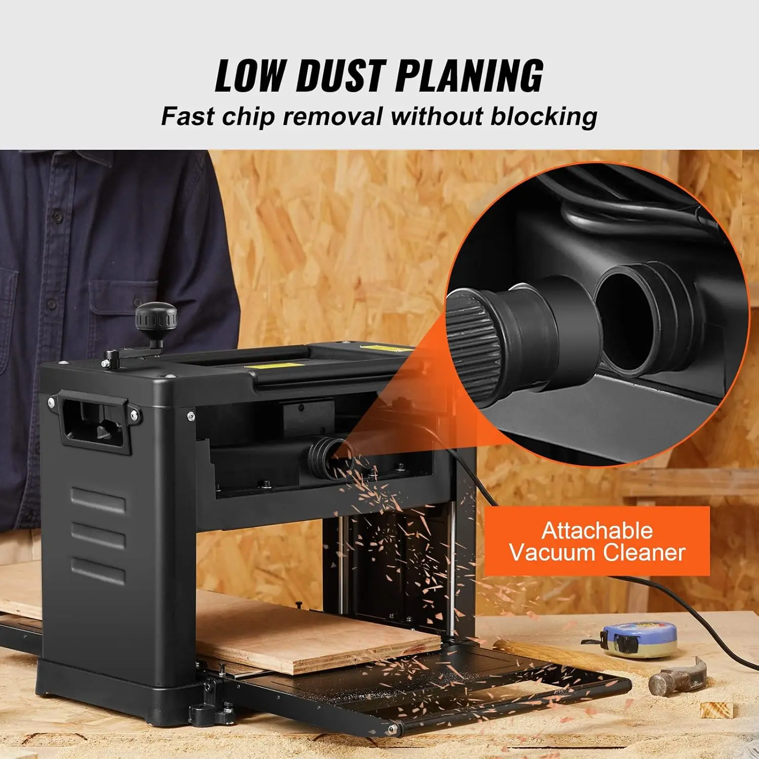 Thickness Planer, 13" Width Worktable Benchtop Planer, Two-Blade, 15-Amp 1800W Powerful Motor, 12" Extended Infeeding Table,
