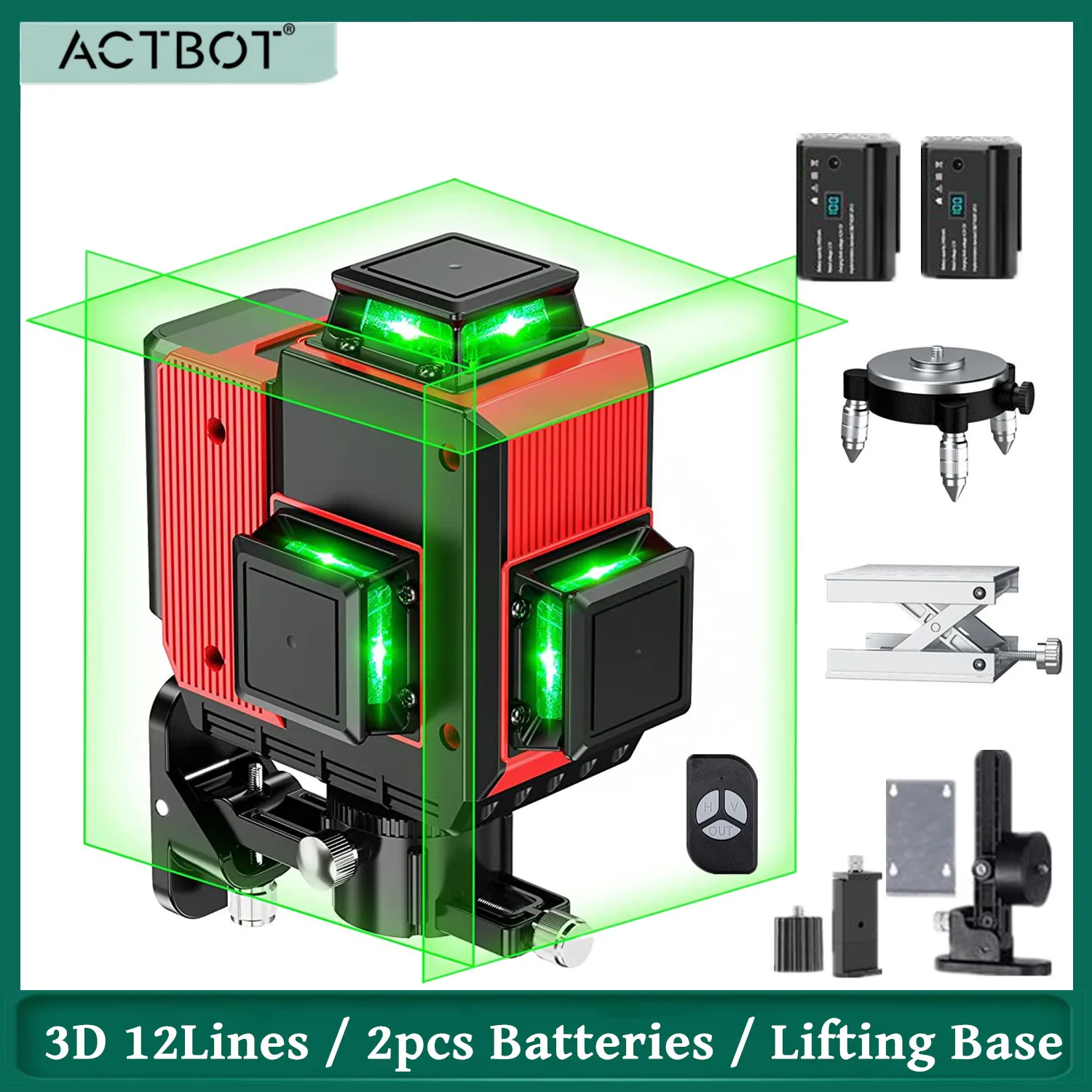 Livello Laser 3D 12 Linee Autolivellante 3 X360 ° Livello Laser Verde 2 Pezzi Display Batteria Modalità Impulso Montaggio A Parete Livello Laser Orizz