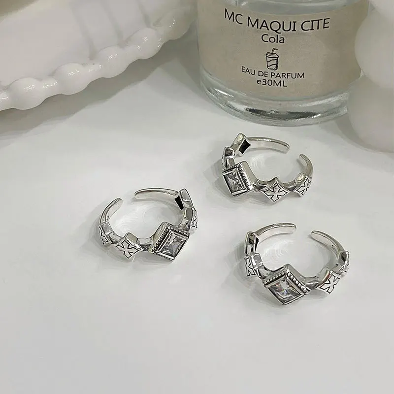 100% 925 Sterling Silver Zircon Geometric Open Ring for Women Girl Vintage Cross Rhombus Design Jewelry Party Gift Dropshipping