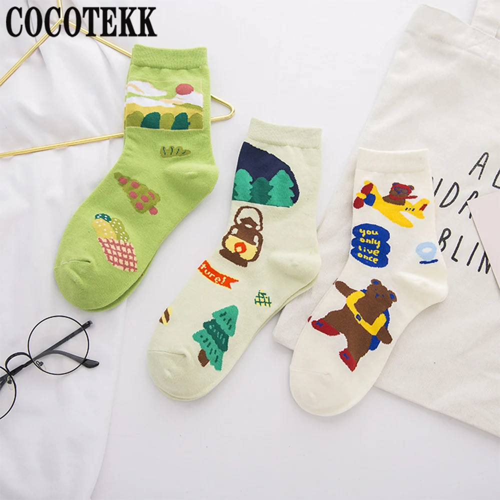 

Trend Street Style New Ins Fashion Cartoon Cotton Socks Creative Pattern Breathable Sweat Middle Tube Happy Girls Women Socks