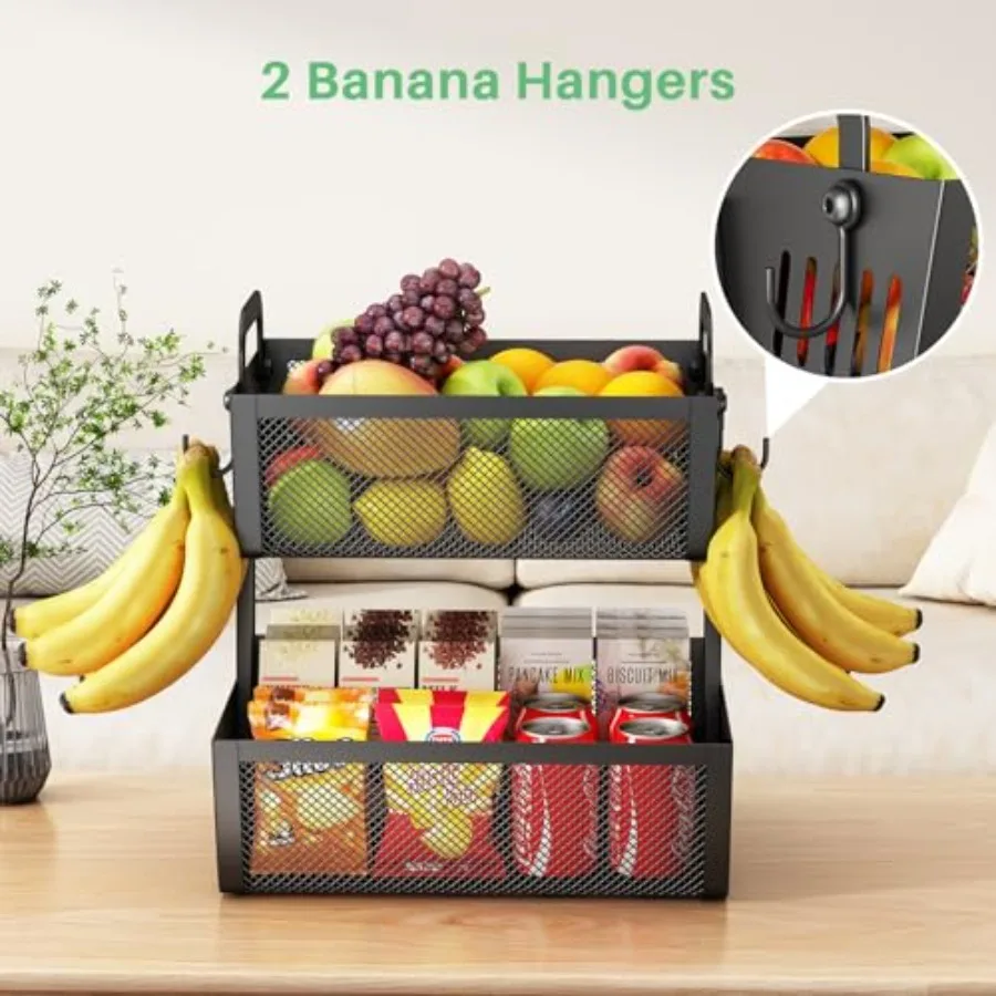 Fruit Basket Bowls For Kitchen Counter with Banana Hangers Detachable Metal Fruit Stand with Handle Kitchen Vegetables Bread Sn