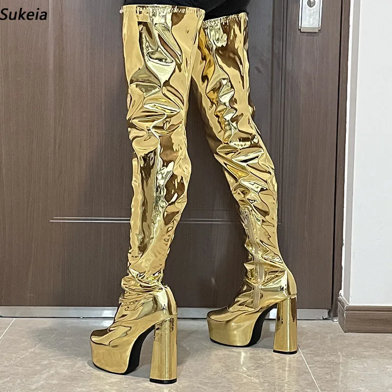 

Sukeia New Women Spring Thigh Boots Chunky Heels Round Toe Pretty Silver Champagne Catwalk Shoes Ladies US Size 5-20