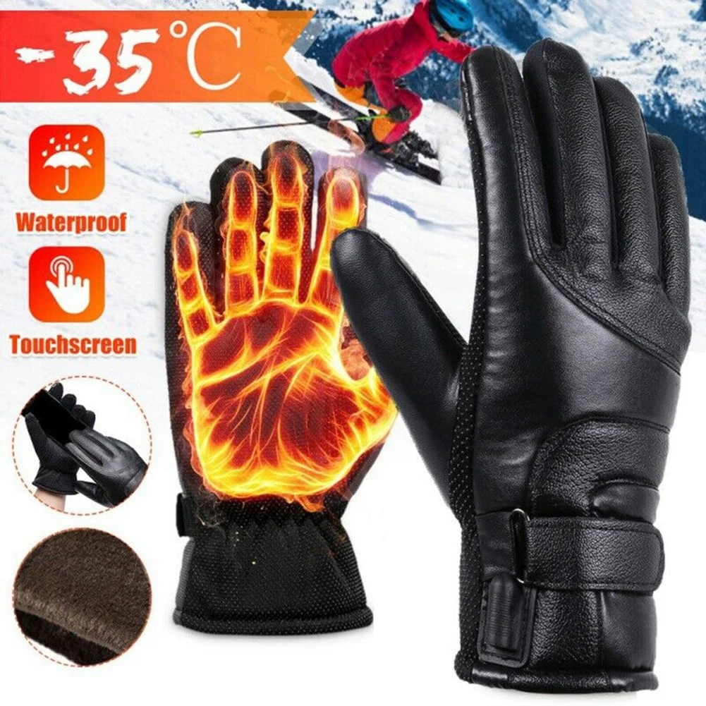 USB Heated Gloves Touchscreen Hand Warmer Electric Heating Gloves Windproof Leather Motorcycle Gloves for Outdoor Cycling Skiing