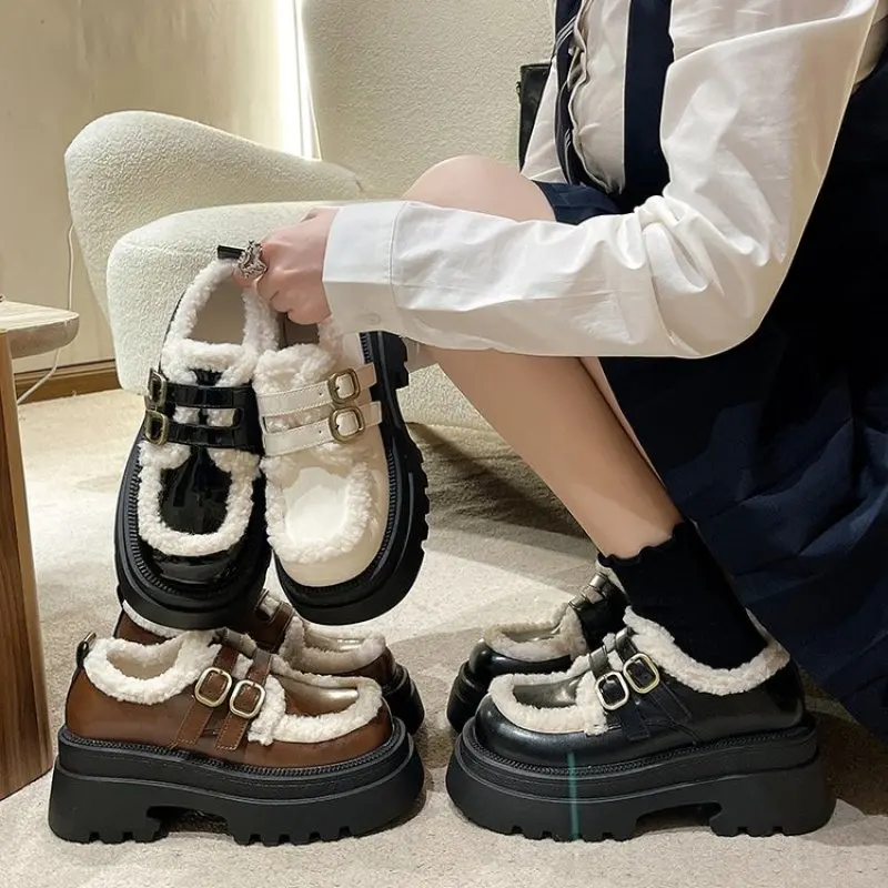 Ankle Flats Platform Fur Loafers Women Shoes Short Plush Warm Casual Boots 2024 Winter New Trend Fashion English Style comfort