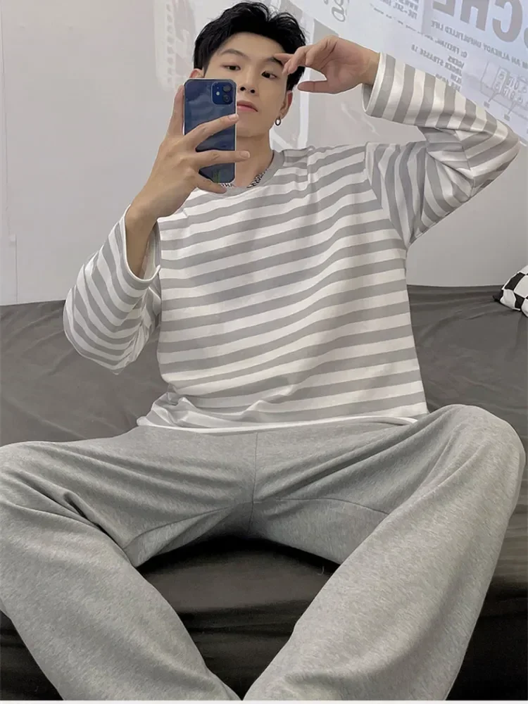 

Boys Men's Autumn Soft Long Winter Sleeve Elastic Wear Leisure Pajamas Sleepwear Nightwear Waist Cloth Pijama Set Home Stripe
