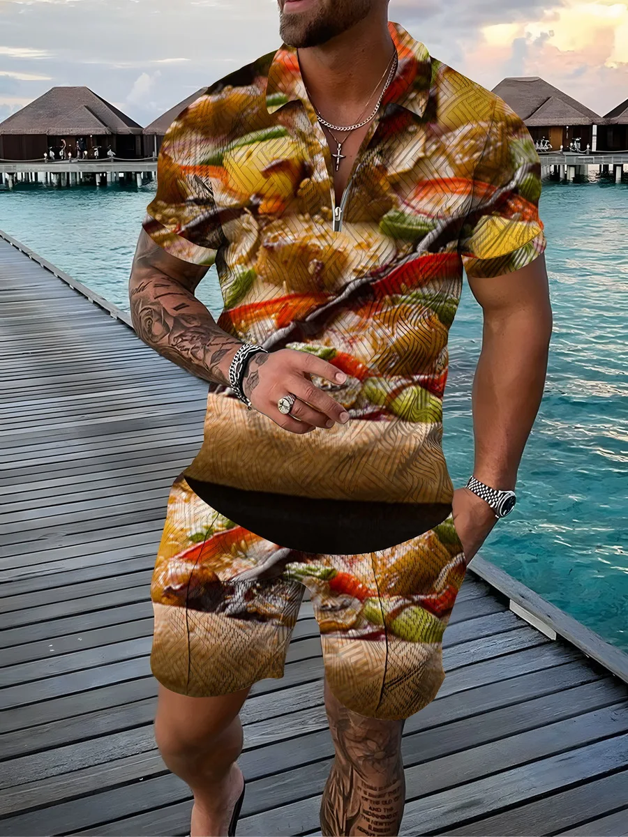 

Summer Men's Beach Sportswear Pizza 3D Printed Short Sleeve Zip Up Polo Shirt + Shorts Set Men's Fashion Streetwear Set of 2