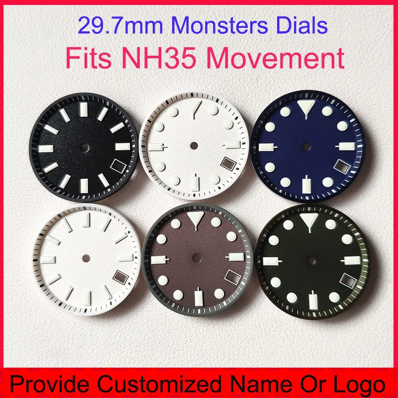 

NH35 Dials Insert 29.7mm Custom S Logo DIY Logo Monsters Watches Dial Green Luminous With 4 O'Clock Calendar Window Watch Parts