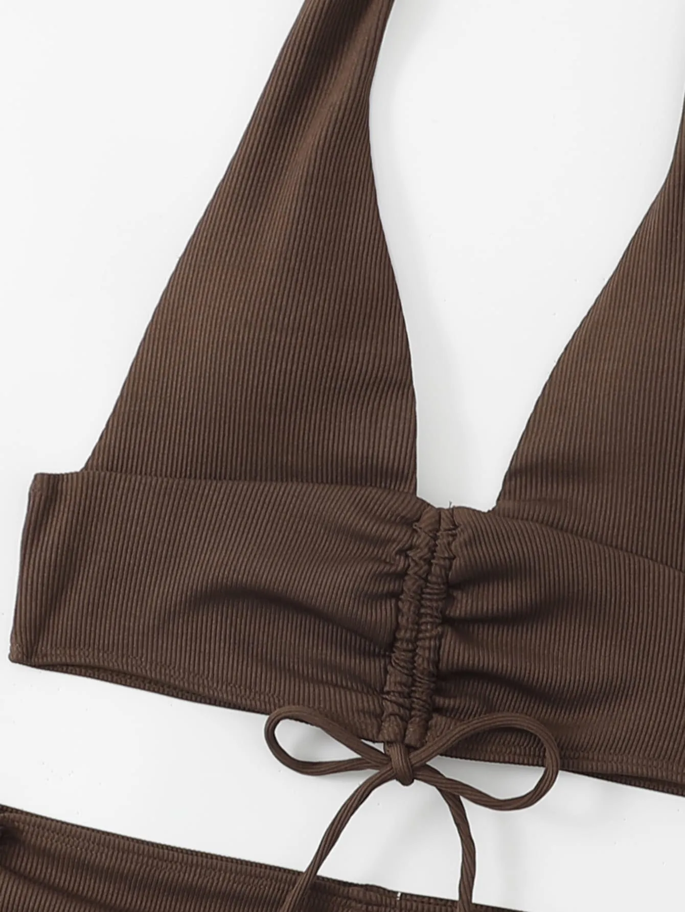 2024 Rib Drawstring Bikini Solid High Waist Swimsuit Women Halter Swimwear Female Bathers Bathing Swimming Swim Suit Beachwear