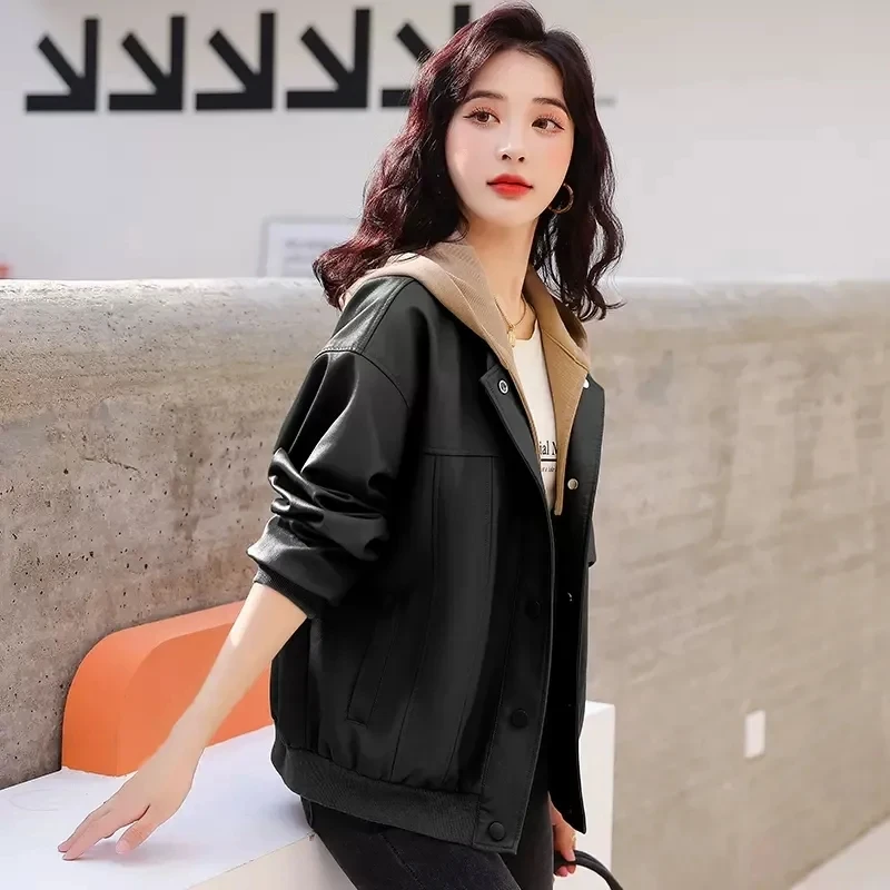 

Leather Jacket Women's 2023 Spring Autumn New Loose Casual Baseball Jersey PU Leather Jacket Lady Removable Cap Leather Coat