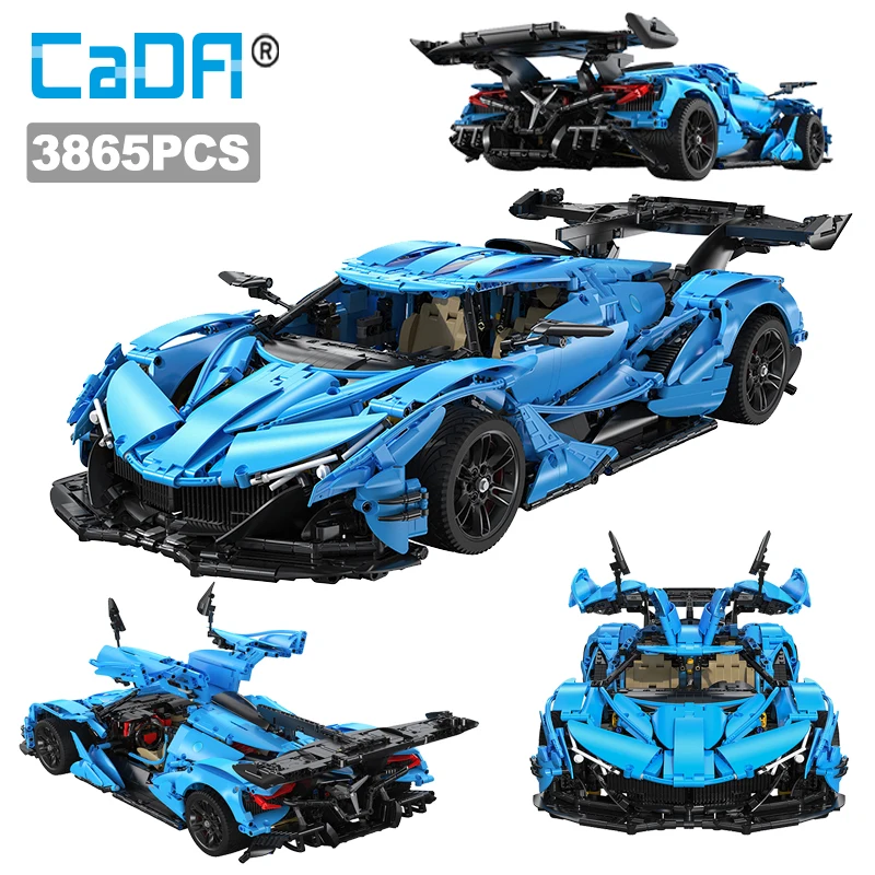 Cada 3865Pcs 1:8 City Blue Racing Car V12 Hypercar Model Building Blocks Famous Supercar Sports Vehicle Bricks Toys Gifts