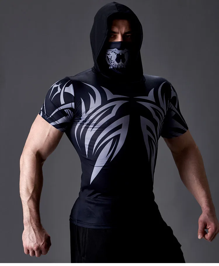 Sommer schnell trocknendes Herren-T-Shirt mit Kapuze, trendiger Totenkopf-Maske, bedruckter Kapuzenpullover, kurzärmeliger Kapuzenpullover, lässig, Sport, Fitness – Detail 8