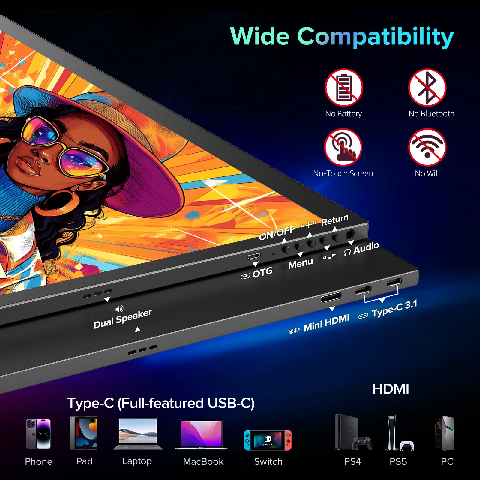 EVICIV 휴대용 모니터 4K 18.4인치 10비트 UHD FreeSync HDR 모바일 모니터 USB C 미니 HDMI 노트북 전화 게임 콘솔 스위치 PS5