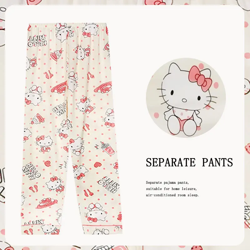 Women’s kawaii Sanrio pajama pants with Hello Kitty, Kuromi, and Cinnamoroll cartoon prints in a Y2K-inspired summer sleepwear design beige