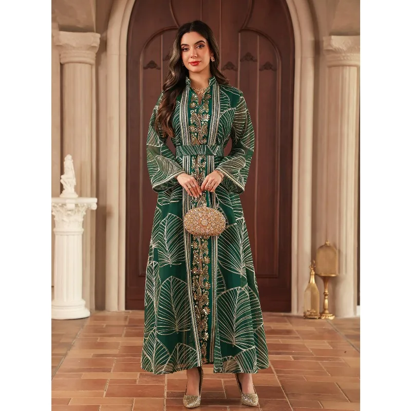 جلابية أوراق بنقش ذهبي فاخر بحزام