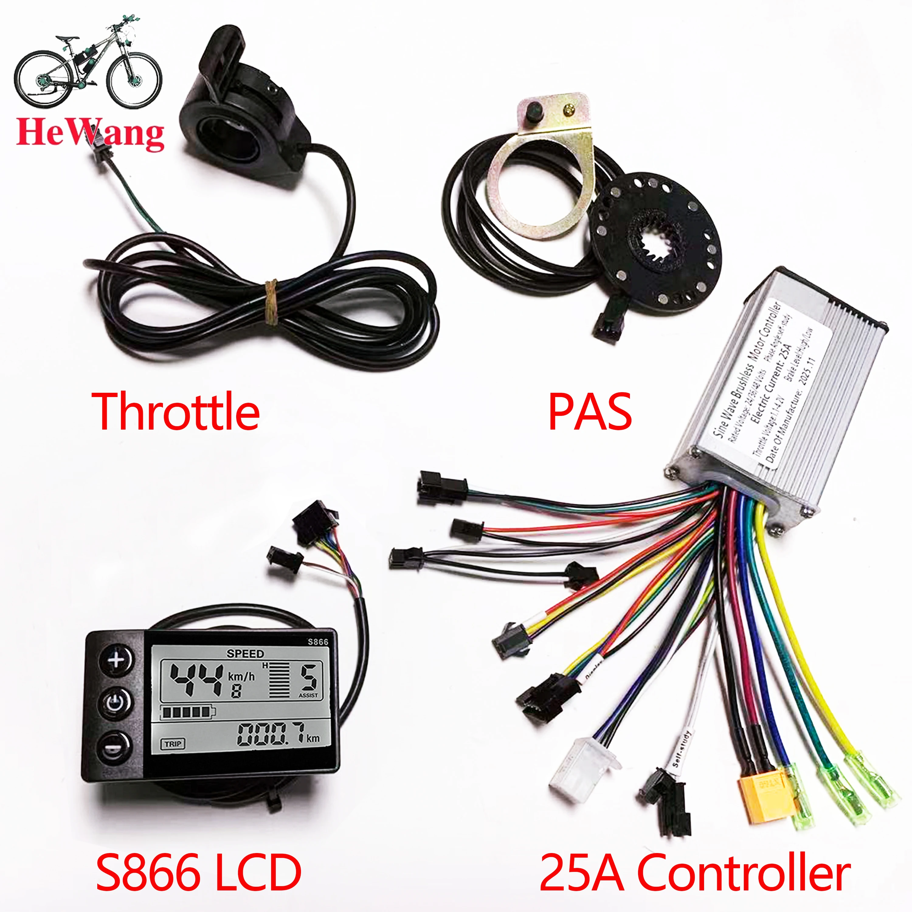 24V 36V 48V 500W 25A Sine Wave Brushless Motor Controller with S866 LCD Display + PAS Sensor + Throttler for E-Scooter E-bike