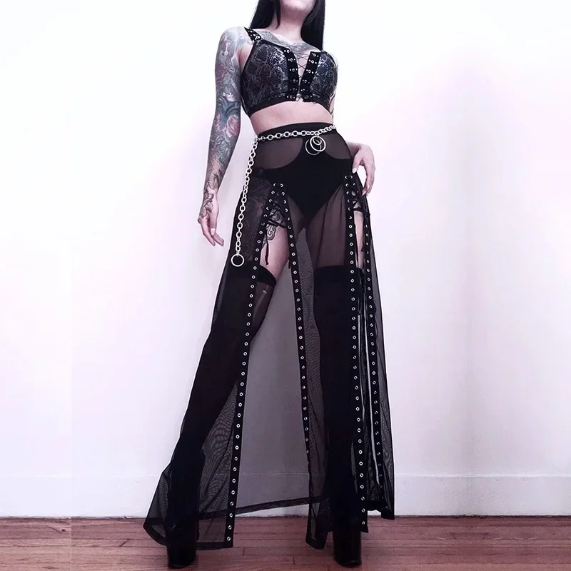 Goth Midi Skirts Punk Mall Gothic Mesh High Split Grunge Sexy High Waist Black Women Night Long Skirt See Through Partywear 4
