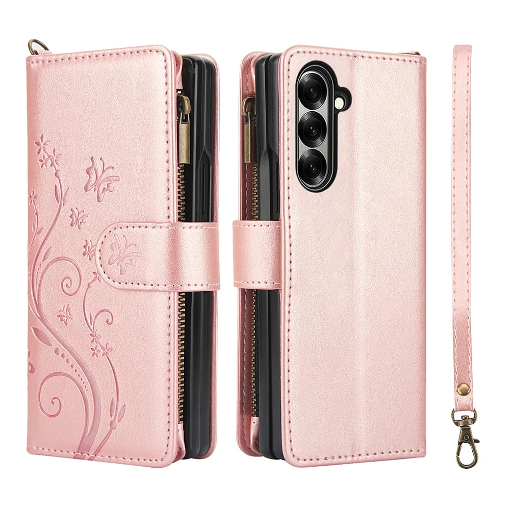 Leather Zipper Wallet Phone Case with Wrist Strap and Card Slot, Flip Stand Cover