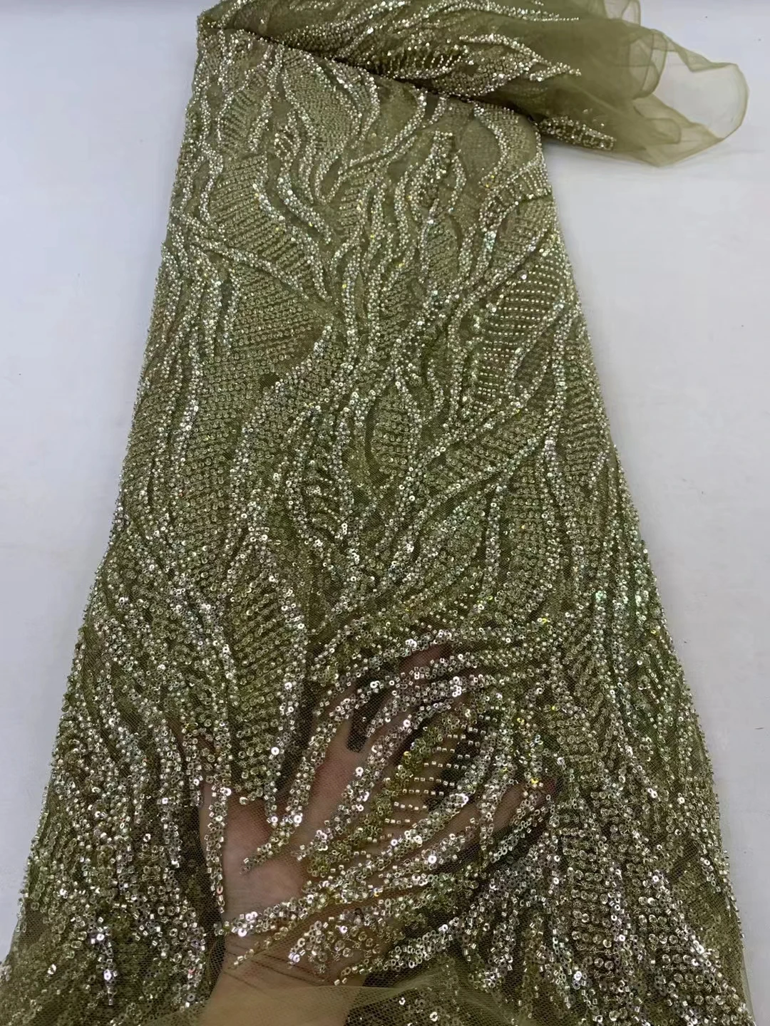 DUOFEIYA 5Yards Luxury Heavy beautiful Sequins Lace Fabric With Bead Sequins For Bridal Dress Evening Dress French Lace Fabric