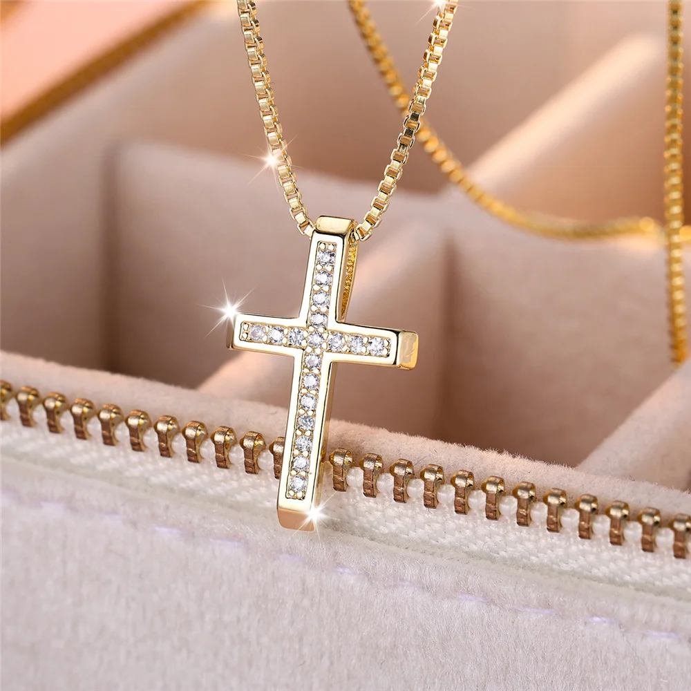 Luxury Female Crystal White Zircon Stone Cross Pendant Necklace Vintage Yellow Gold Color Wedding Jewelry For Women